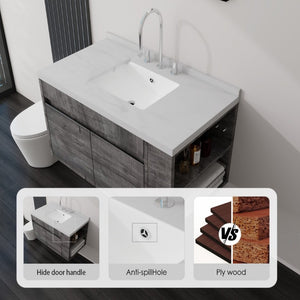 English Elm 36 Inch Floating Bathroom Vanity Plywood Cabinet Cultured Marble Undermount Sink Grey Carrara White B2775S00228