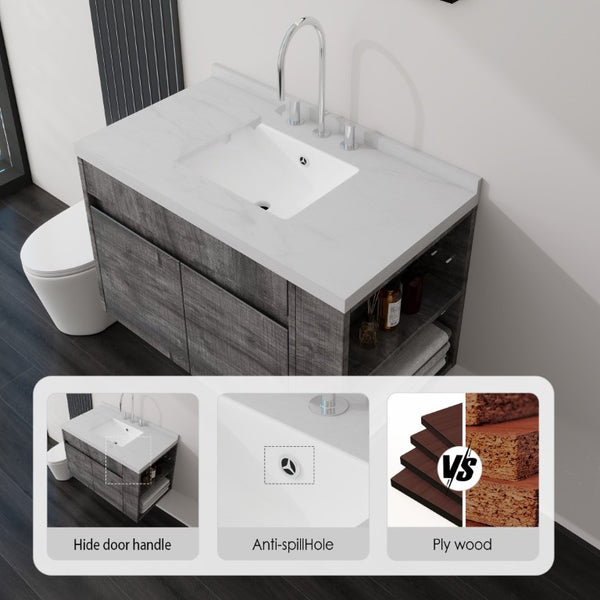 English Elm 36 Inch Floating Bathroom Vanity Plywood Cabinet Cultured Marble Undermount Sink Grey Carrara White B2775S00228