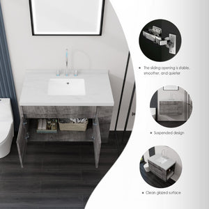 English Elm 36 Inch Floating Bathroom Vanity Plywood Cabinet Cultured Marble Undermount Sink Grey Carrara White B2775S00228