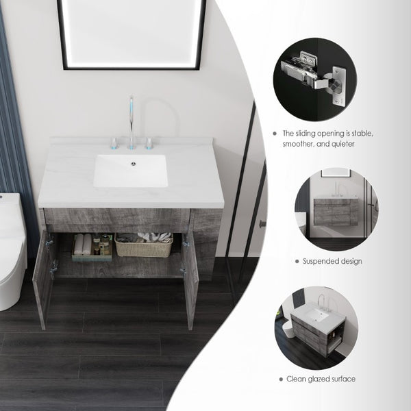 English Elm 36 Inch Floating Bathroom Vanity Plywood Cabinet Cultured Marble Undermount Sink Grey Carrara White B2775S00228