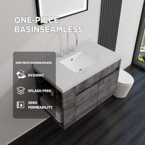 English Elm 36 Inch Floating Bathroom Vanity Plywood Cabinet Cultured Marble Undermount Sink Grey Carrara White B2775S00228