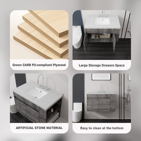 English Elm 36 Inch Floating Bathroom Vanity Plywood Cabinet Cultured Marble Undermount Sink Grey Carrara White B2775S00228