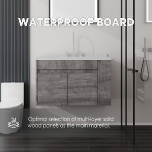 English Elm 36 Inch Floating Bathroom Vanity Plywood Cabinet Cultured Marble Undermount Sink Grey Carrara White B2775S00228