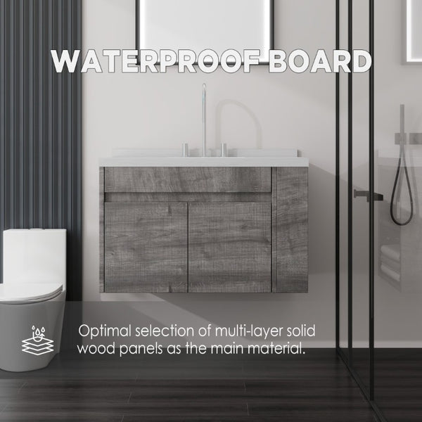 English Elm 36 Inch Floating Bathroom Vanity Plywood Cabinet Cultured Marble Undermount Sink Grey Carrara White B2775S00228