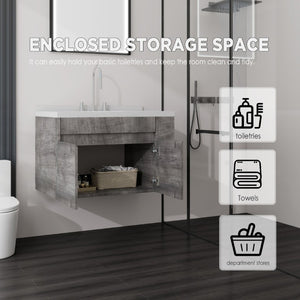 English Elm 36 Inch Floating Bathroom Vanity Plywood Cabinet Cultured Marble Undermount Sink Grey Carrara White B2775S00228