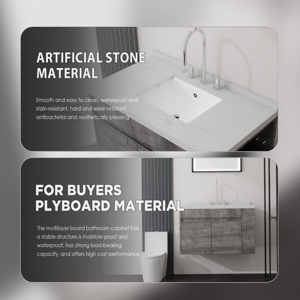 English Elm 36 Inch Floating Bathroom Vanity Plywood Cabinet Cultured Marble Undermount Sink Grey Carrara White B2775S00228