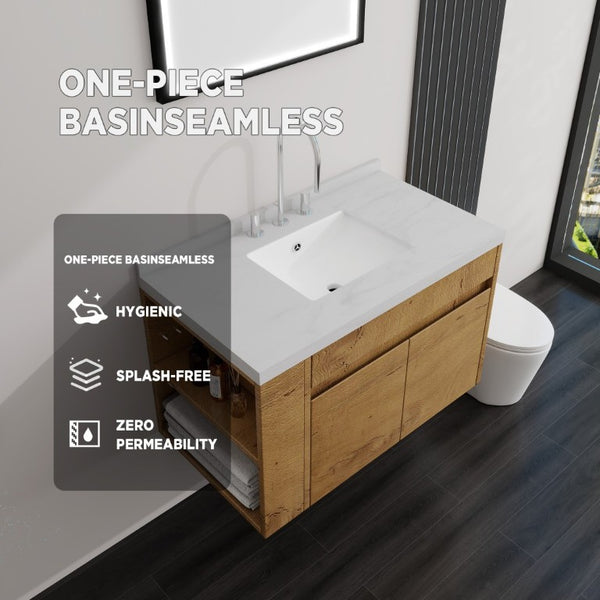 English Elm 36 Inch Floating Bathroom Vanity Plywood Cabinet Cultured Marble Undermount Sink Oak Carrara White B2775S00229