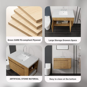 English Elm 36 Inch Floating Bathroom Vanity Plywood Cabinet Cultured Marble Undermount Sink Oak Carrara White B2775S00229