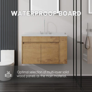 English Elm 36 Inch Floating Bathroom Vanity Plywood Cabinet Cultured Marble Undermount Sink Oak Carrara White B2775S00229