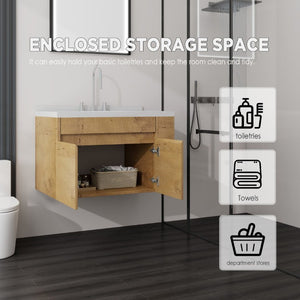 English Elm 36 Inch Floating Bathroom Vanity Plywood Cabinet Cultured Marble Undermount Sink Oak Carrara White B2775S00229