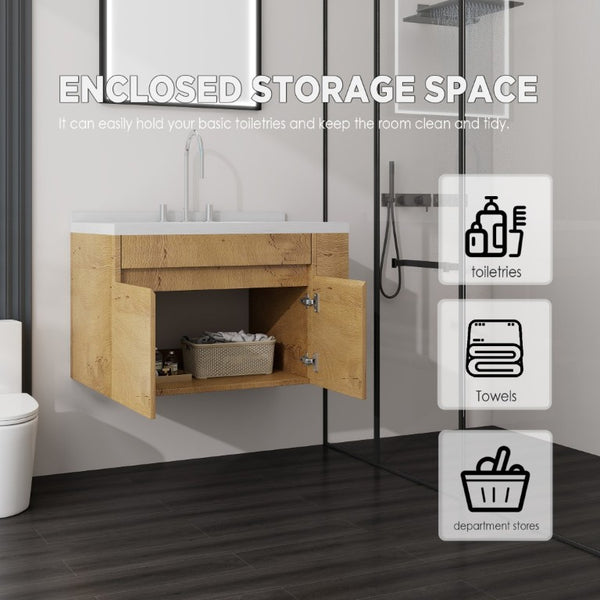 English Elm 36 Inch Floating Bathroom Vanity Plywood Cabinet Cultured Marble Undermount Sink Oak Carrara White B2775S00229