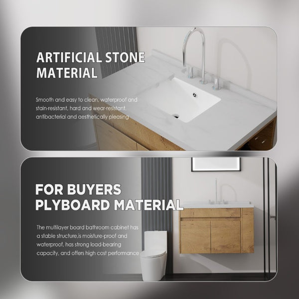 English Elm 36 Inch Floating Bathroom Vanity Plywood Cabinet Cultured Marble Undermount Sink Oak Carrara White B2775S00229