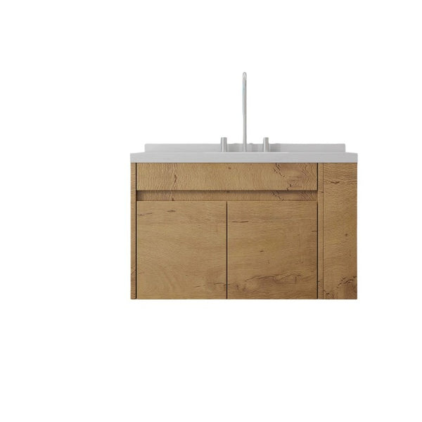 English Elm 36 Inch Floating Bathroom Vanity Plywood Cabinet Cultured Marble Undermount Sink Oak Carrara White B2775S00229