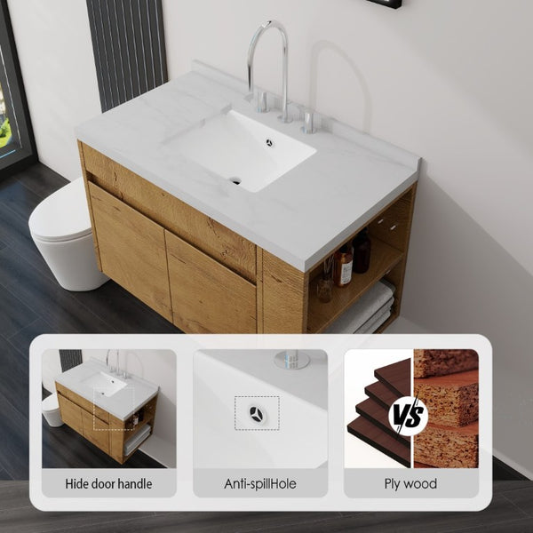 English Elm 36 Inch Floating Bathroom Vanity Plywood Cabinet Cultured Marble Undermount Sink Oak Carrara White B2775S00229