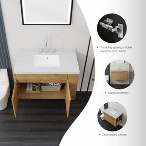 English Elm 36 Inch Floating Bathroom Vanity Plywood Cabinet Cultured Marble Undermount Sink Oak Carrara White B2775S00229