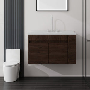 English Elm 36 Inch Floating Bathroom Vanity Plywood Cabinet Cultured Marble Undermount Sink Brown Carrara White B2775S00230
