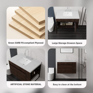 English Elm 36 Inch Floating Bathroom Vanity Plywood Cabinet Cultured Marble Undermount Sink Brown Carrara White B2775S00230
