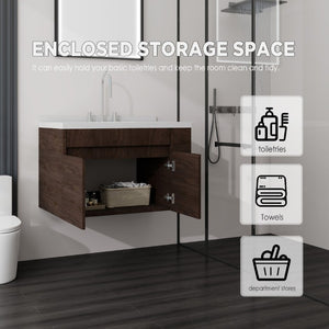 English Elm 36 Inch Floating Bathroom Vanity Plywood Cabinet Cultured Marble Undermount Sink Brown Carrara White B2775S00230