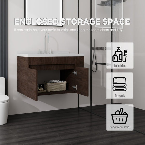 English Elm 36 Inch Floating Bathroom Vanity Plywood Cabinet Cultured Marble Undermount Sink Brown Carrara White B2775S00230