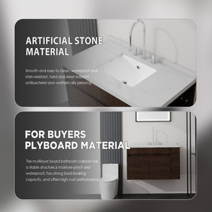 English Elm 36 Inch Floating Bathroom Vanity Plywood Cabinet Cultured Marble Undermount Sink Brown Carrara White B2775S00230