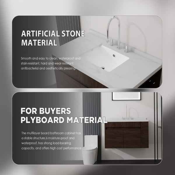 English Elm 36 Inch Floating Bathroom Vanity Plywood Cabinet Cultured Marble Undermount Sink Brown Carrara White B2775S00230