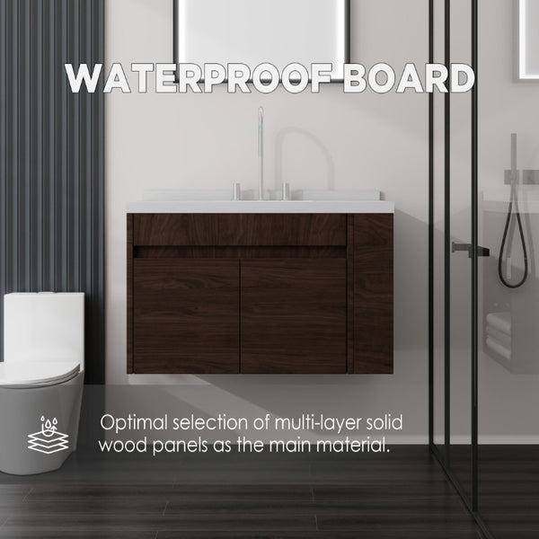 English Elm 36 Inch Floating Bathroom Vanity Plywood Cabinet Cultured Marble Undermount Sink Brown Carrara White B2775S00230