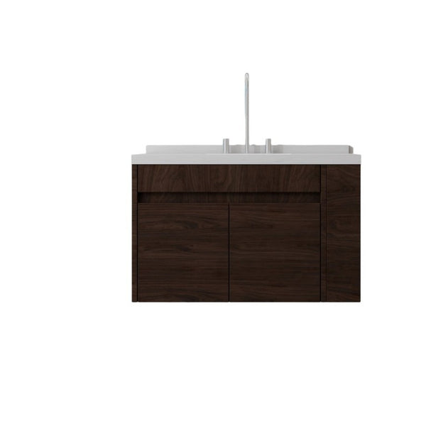 English Elm 36 Inch Floating Bathroom Vanity Plywood Cabinet Cultured Marble Undermount Sink Brown Carrara White B2775S00230