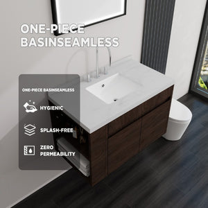 English Elm 36 Inch Floating Bathroom Vanity Plywood Cabinet Cultured Marble Undermount Sink Brown Carrara White B2775S00230