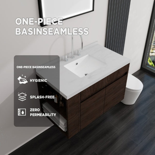 English Elm 36 Inch Floating Bathroom Vanity Plywood Cabinet Cultured Marble Undermount Sink Brown Carrara White B2775S00230