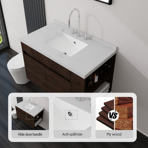 English Elm 36 Inch Floating Bathroom Vanity Plywood Cabinet Cultured Marble Undermount Sink Brown Carrara White B2775S00230
