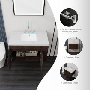 English Elm 36 Inch Floating Bathroom Vanity Plywood Cabinet Cultured Marble Undermount Sink Brown Carrara White B2775S00230