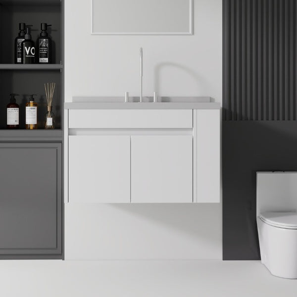 English Elm 36 Inch Floating Bathroom Vanity Plywood Cabinet Cultured Marble Undermount Sink White Granite White B2775S00231