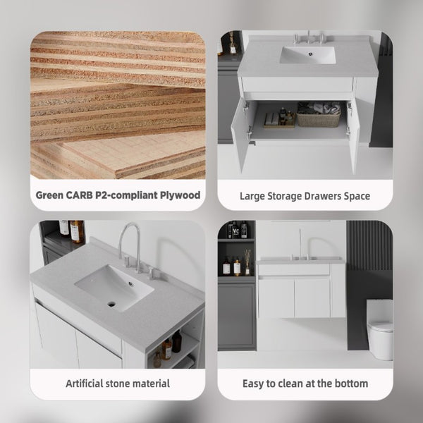 English Elm 36 Inch Floating Bathroom Vanity Plywood Cabinet Cultured Marble Undermount Sink White Granite White B2775S00231