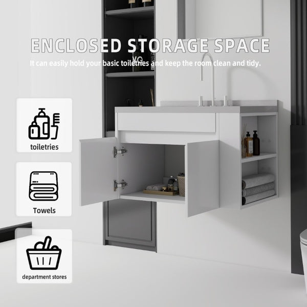 English Elm 36 Inch Floating Bathroom Vanity Plywood Cabinet Cultured Marble Undermount Sink White Granite White B2775S00231