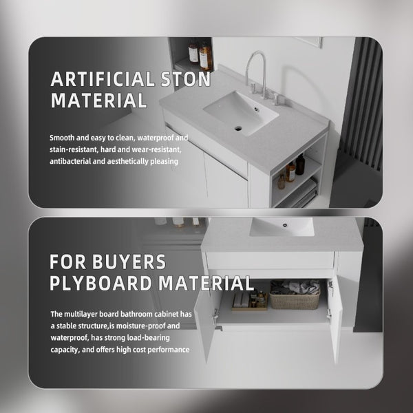 English Elm 36 Inch Floating Bathroom Vanity Plywood Cabinet Cultured Marble Undermount Sink White Granite White B2775S00231
