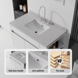 English Elm 36 Inch Floating Bathroom Vanity Plywood Cabinet Cultured Marble Undermount Sink White Granite White B2775S00231
