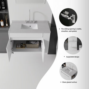 English Elm 36 Inch Floating Bathroom Vanity Plywood Cabinet Cultured Marble Undermount Sink White Granite White B2775S00231