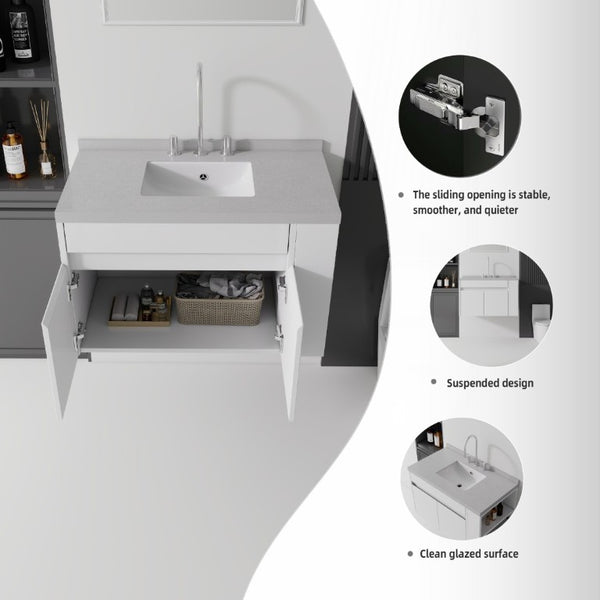 English Elm 36 Inch Floating Bathroom Vanity Plywood Cabinet Cultured Marble Undermount Sink White Granite White B2775S00231