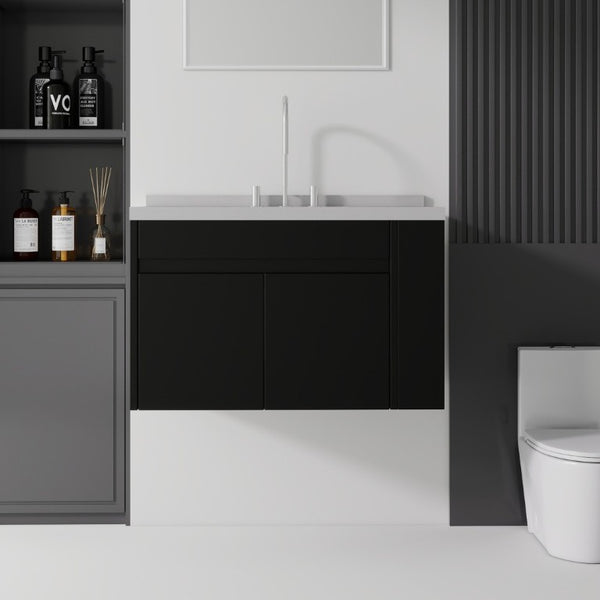 English Elm 36 Inch Floating Bathroom Vanity Plywood Cabinet Cultured Marble Undermount Sink Black Granite White B2775S00232