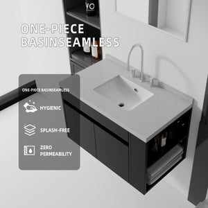 English Elm 36 Inch Floating Bathroom Vanity Plywood Cabinet Cultured Marble Undermount Sink Black Granite White B2775S00232