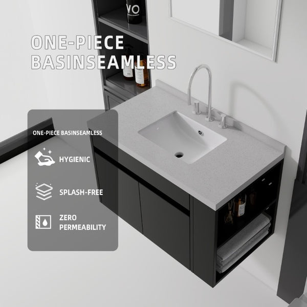 English Elm 36 Inch Floating Bathroom Vanity Plywood Cabinet Cultured Marble Undermount Sink Black Granite White B2775S00232