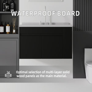 English Elm 36 Inch Floating Bathroom Vanity Plywood Cabinet Cultured Marble Undermount Sink Black Granite White B2775S00232