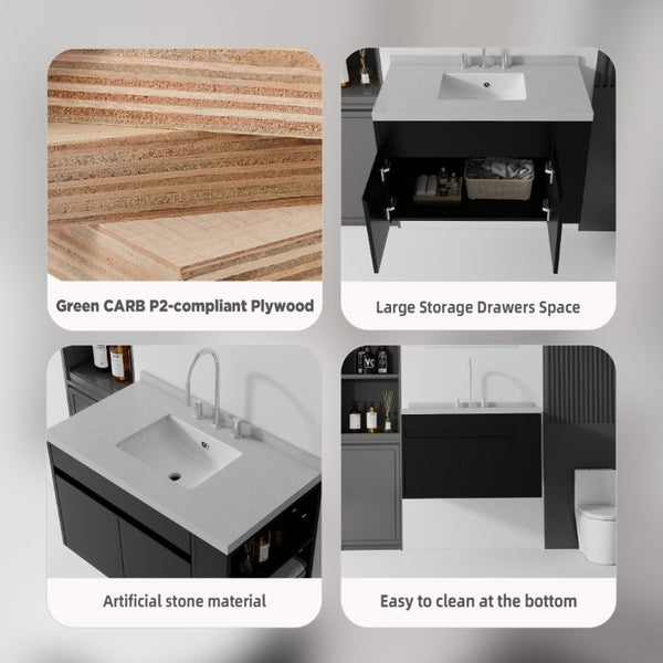English Elm 36 Inch Floating Bathroom Vanity Plywood Cabinet Cultured Marble Undermount Sink Black Granite White B2775S00232