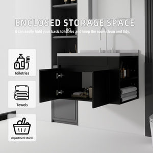 English Elm 36 Inch Floating Bathroom Vanity Plywood Cabinet Cultured Marble Undermount Sink Black Granite White B2775S00232