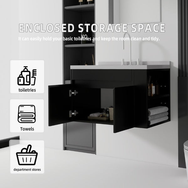 English Elm 36 Inch Floating Bathroom Vanity Plywood Cabinet Cultured Marble Undermount Sink Black Granite White B2775S00232