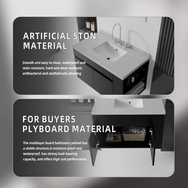 English Elm 36 Inch Floating Bathroom Vanity Plywood Cabinet Cultured Marble Undermount Sink Black Granite White B2775S00232