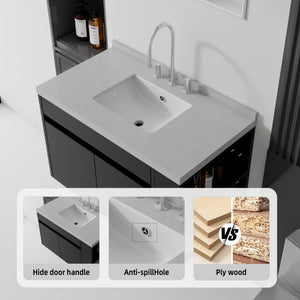 English Elm 36 Inch Floating Bathroom Vanity Plywood Cabinet Cultured Marble Undermount Sink Black Granite White B2775S00232
