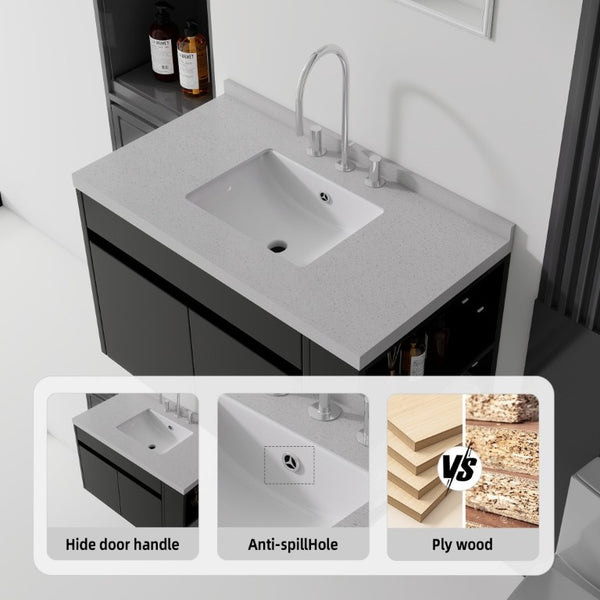 English Elm 36 Inch Floating Bathroom Vanity Plywood Cabinet Cultured Marble Undermount Sink Black Granite White B2775S00232