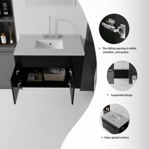 English Elm 36 Inch Floating Bathroom Vanity Plywood Cabinet Cultured Marble Undermount Sink Black Granite White B2775S00232