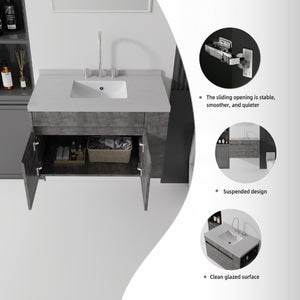 English Elm 36 Inch Floating Bathroom Vanity Plywood Cabinet Cultured Marble Undermount Sink Grey Granite White B2775S00233